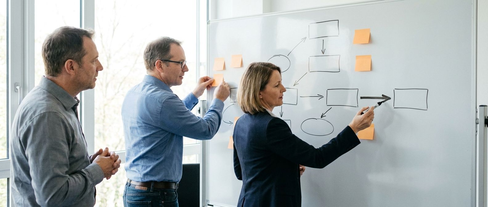 Gruppe skizziert einen Automatisierungs-Ablauf mit Kästen und Pfeilen am Whiteboard