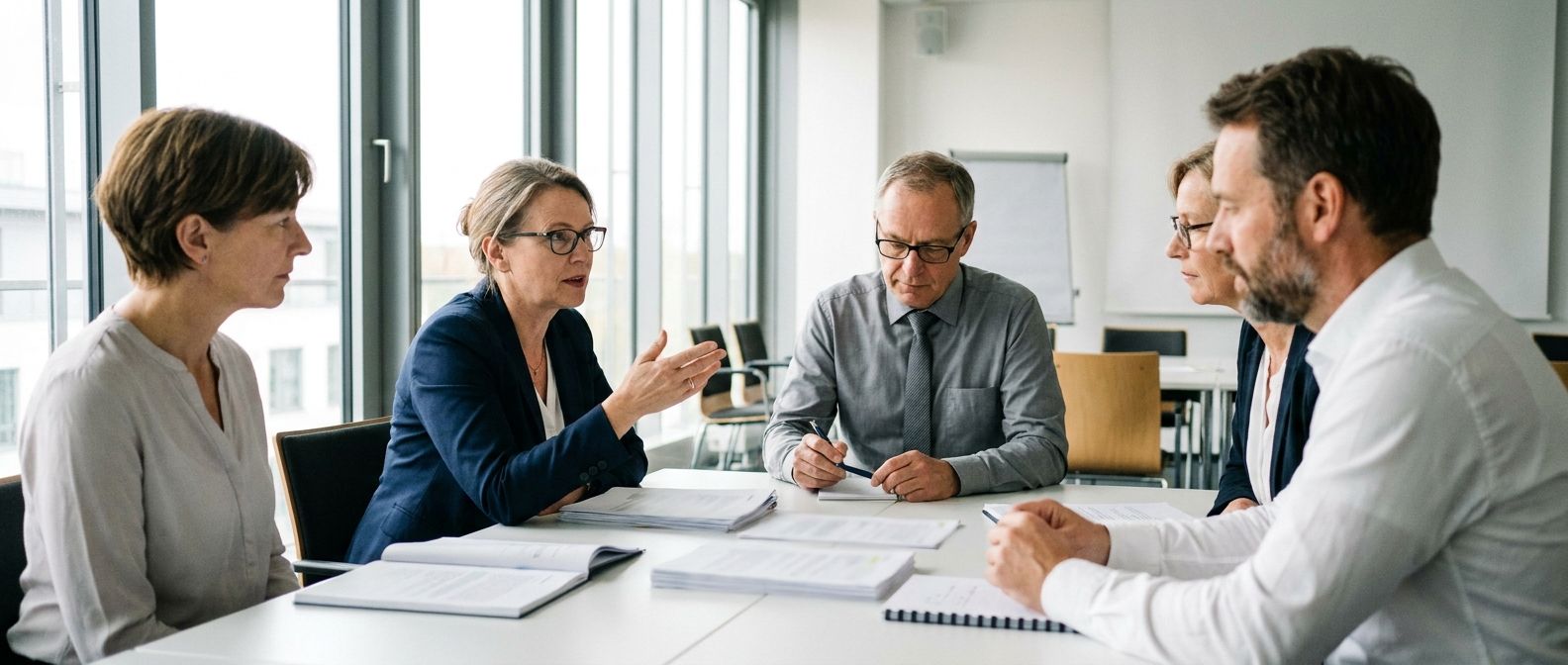 Arbeitsgruppe bespricht Unterlagen am Seminartisch